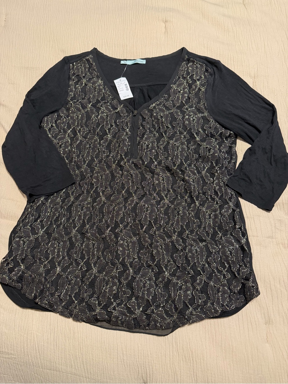 Maurice’s Metallic Lace Overlay Black Women’s 3/4 Sleeve Top